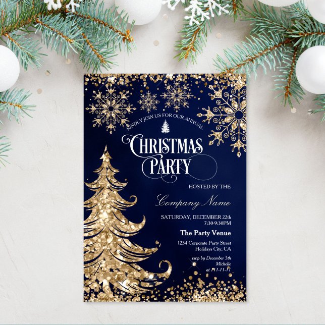 Invitación Classy Navy Gold Glitter Corporate Christmas Party (elegant christmas party invitation with gold glitter christmas tree on the navy background)