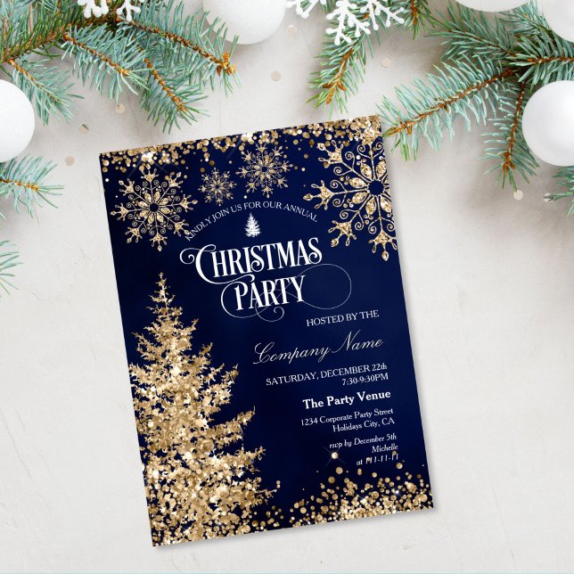 Invitación Classy Navy Gold Glitter Corporate Christmas Party (gold glitter christmas tree on the navy blue background christmas party invitation)