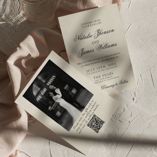 Invitación Classy Old Money Retro Photo QR Code Wedding (Subido por el creador)