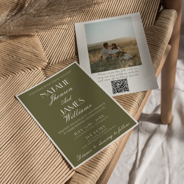 Invitación Classy Olive Green Old Money QR Code Photo Wedding (Subido por el creador)
