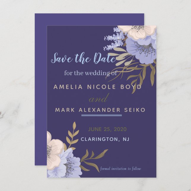Invitación Classy Periwinkle Anémona Save the Date (Anverso / Reverso)