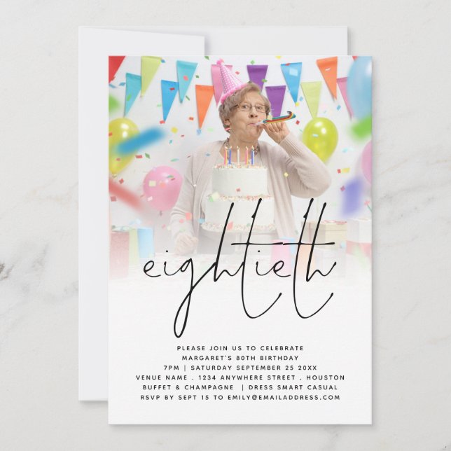 Invitación Classy Photo Overlay Script 80th Birthday Party (Anverso)