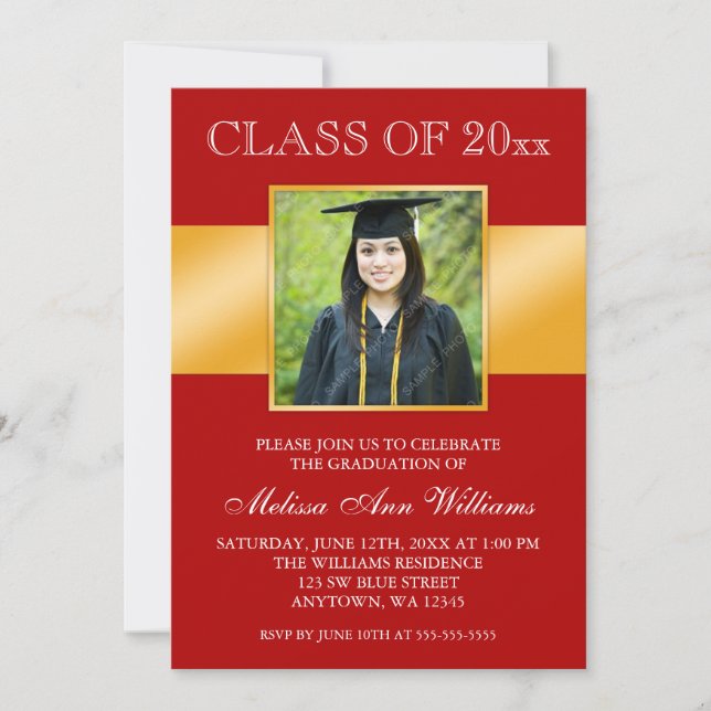 Invitación Classy Red Gold Photo Graduation (Anverso)