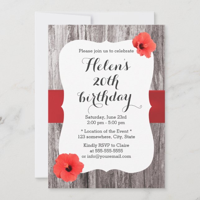 Invitación Classy Red Hibiscus Wood Background Party (Anverso)