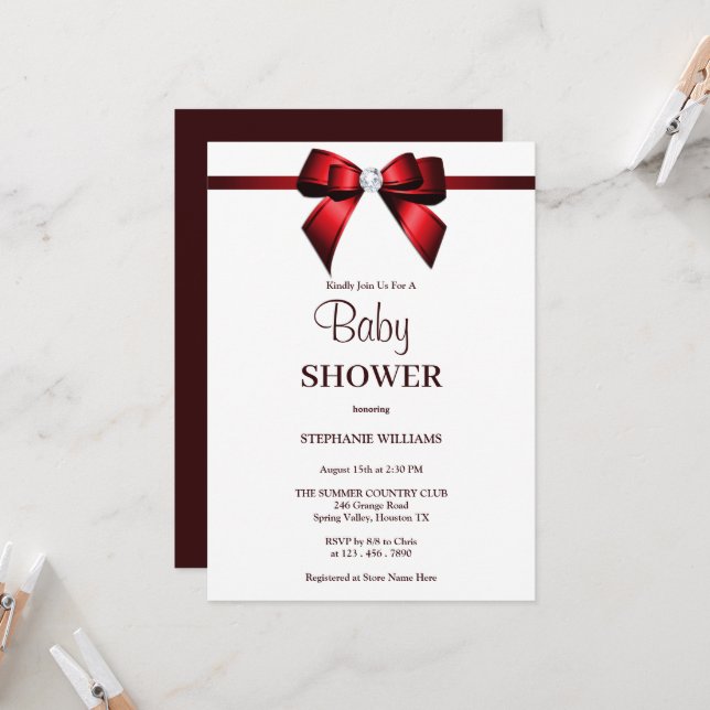 Invitación Classy Red Jewel Bow Baby Shower (Anverso/Reverso In Situ)