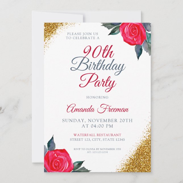 Invitación Classy Red Rose 90 cumpleaños (Anverso)