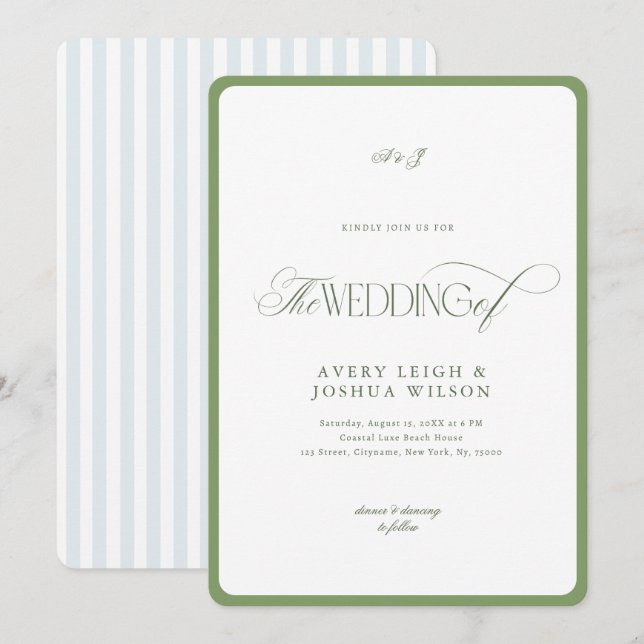 Invitación Classy Sage Green & Blue Stripes Coastal Wedding (Anverso / Reverso)