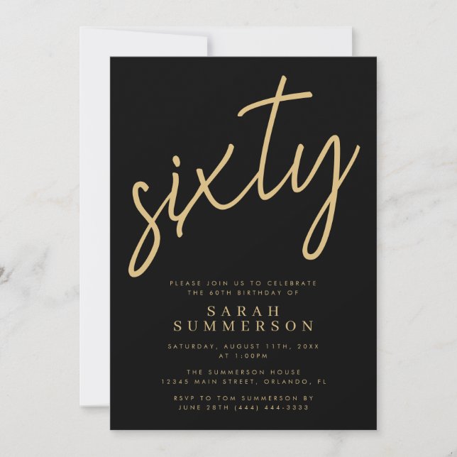 Invitación Classy Script Sixty Black Gold 60th Birthday Party (Anverso)