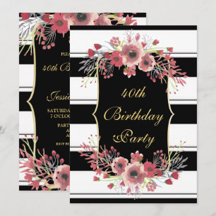 Invitación Classy Stripes Floral Watercolor 40º cumpleaños