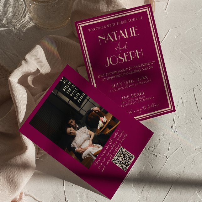 Invitación Classy Wine Old Money Retro Photo QR Code Wedding (Subido por el creador)