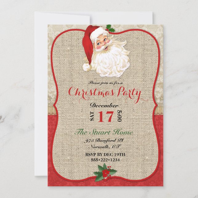 Invitación Claus de Navidad en arpillera damasco (Anverso)