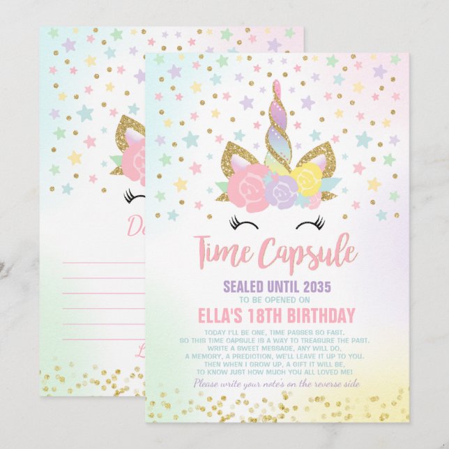 Invitación Cláusula de tiempo del libro de cumpleaños Unicorn (Anverso / Reverso)