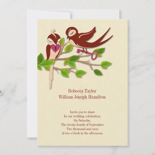 Invitación Clave Para Mi Boda De Aves De Amor Cardíaco (Anverso)