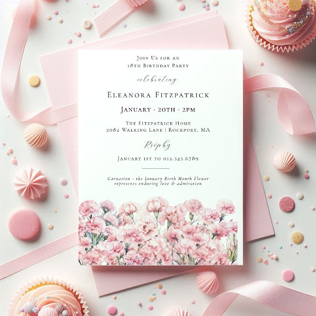 Invitación Clavel rosa cumpleaños 18 enero flor de nacimiento (Subido por el creador)