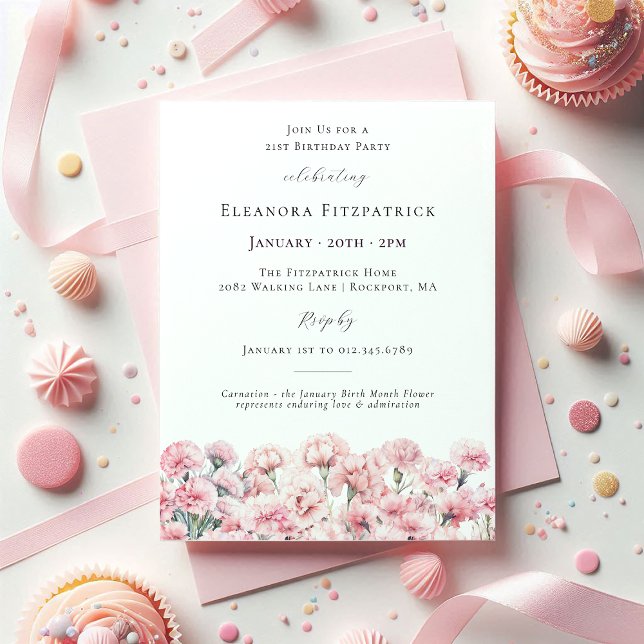 Invitación Clavel rosa cumpleaños 21 para enero flor de nacim (Subido por el creador)