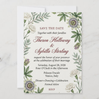 Invitación Claveles Blancos, Flores de la Pasión, Follaje Exu