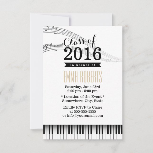 Invitación Claves de piano y notas musicales fiesta de gradua (Anverso)
