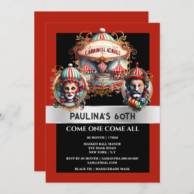 Invitación Clavos de circo de carnaval señas de adulto tema d (Anverso / Reverso)