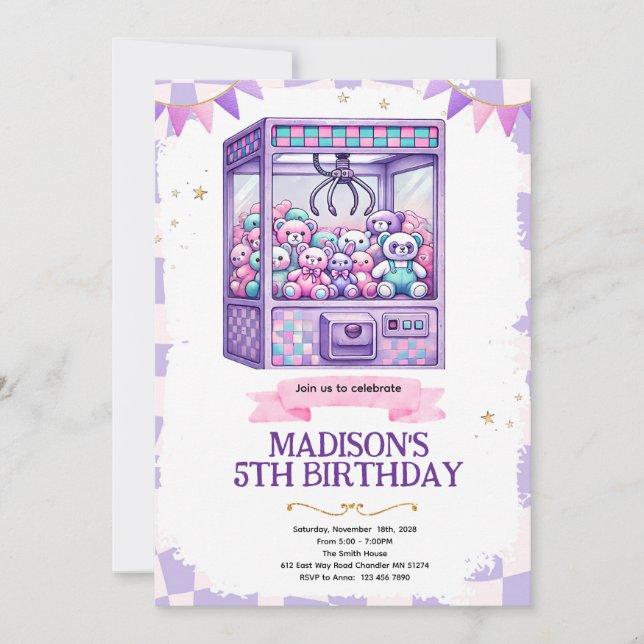 Invitación Claw machine arcade party invitation (Anverso)