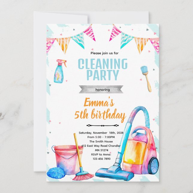 Invitación Cleaning theme girl party invitation (Anverso)
