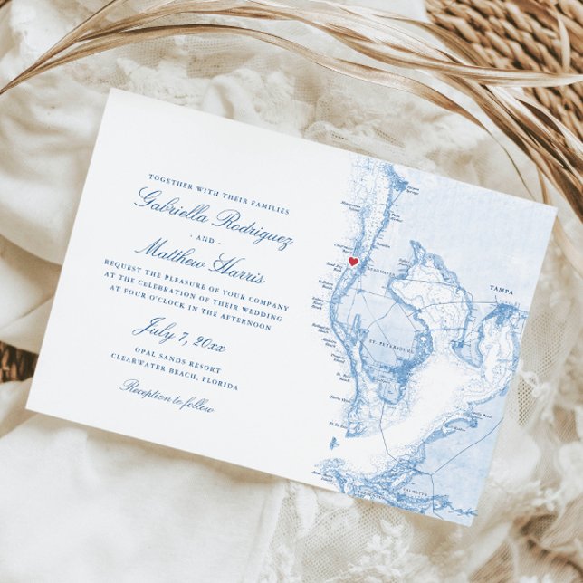 Invitación Clearwater Beach FL Elegant Blue Map Boda (Clearwater Beach wedding invitations with watercolor Tampa Bay map illustration
)