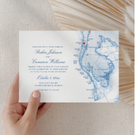 Invitación Clearwater Beach FL Map Elegant Blue Boda