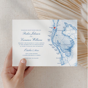 Invitación Clearwater Beach FL Map Elegant Blue Boda