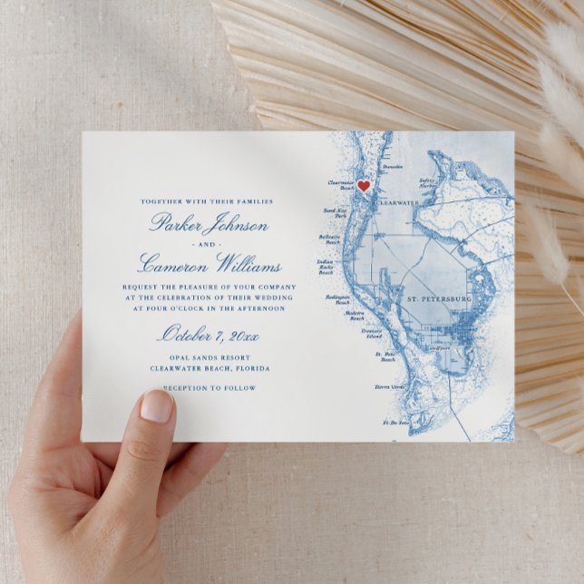 Invitación Clearwater Beach FL Map Elegant Blue Boda (Clearwater Beach FL Map Wedding Invitation in Elegant Navy Blue from Coastal Map Designs )