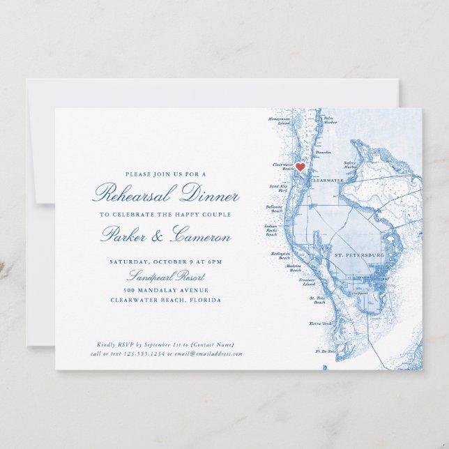 Invitación Clearwater Beach FL Map Navy Blue Rehearner Dinner (Anverso)