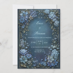 Invitación Clemátide Azul Medianoche con Borde Dorado para Bo