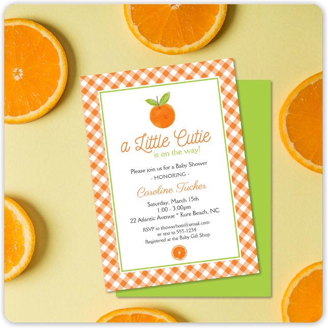 Invitación Clementine Gingham Baby Shower Naranja Cutie (Subido por el creador)