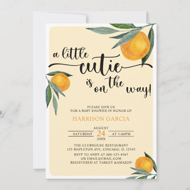 Invitación Clementine Naranja un poco cutie Baby Shower (Anverso)