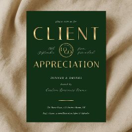 Invitación Client Appreciation Day Green & Gold Logo Company