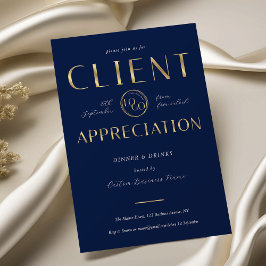 Invitación Client Appreciation Day Navy & Gold Logo Company