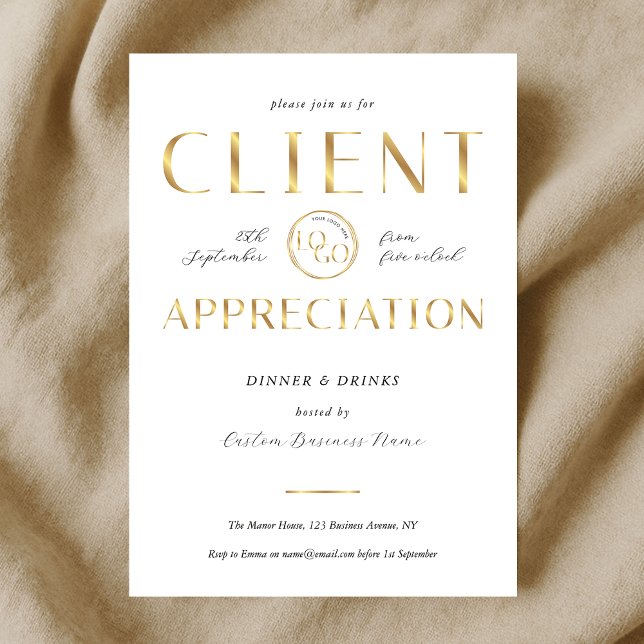 Invitación Client Appreciation Day White & Gold Logo Company (Subido por el creador)