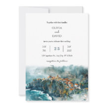 Cliffside Coastal Village Watercolor Beach Wedding