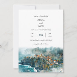 Invitación Cliffside Coastal Village Watercolor Beach Wedding