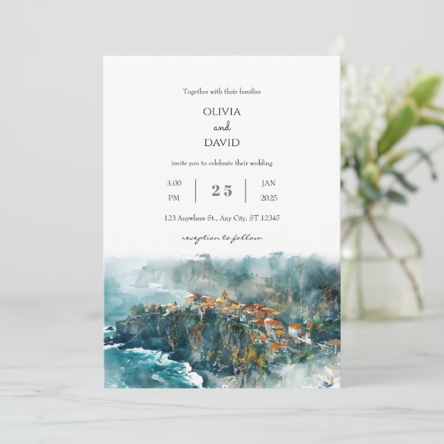 Invitación Cliffside Coastal Village Watercolor Beach Wedding (Anverso de pie)