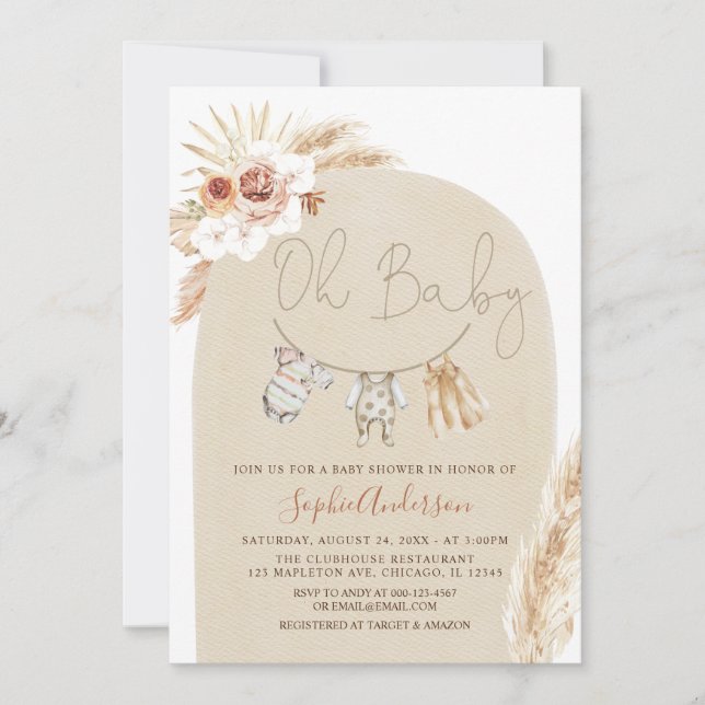 Invitación Clothesline Boho Pampas Grass Baby Shower  (Anverso)
