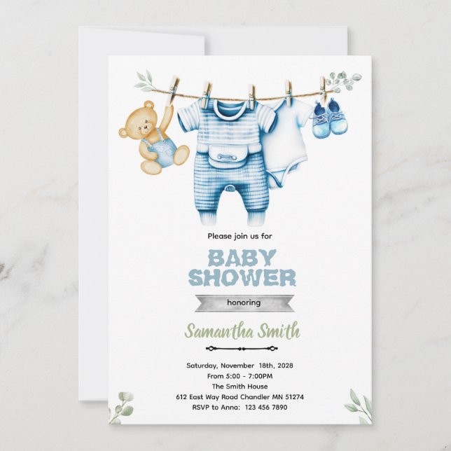 Invitación Clothesline boy baby shower invitation (Anverso)
