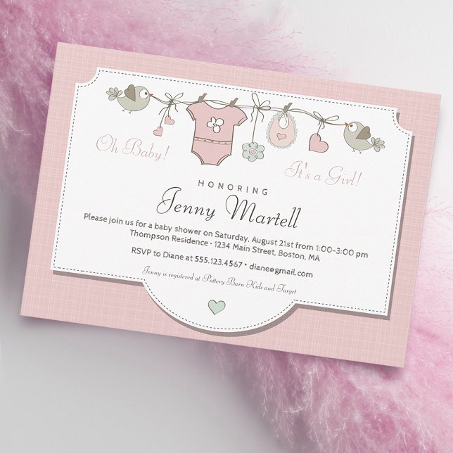 Invitación Clothesline de bebé rosado de Rubor | BABY SHOWER (Subido por el creador)