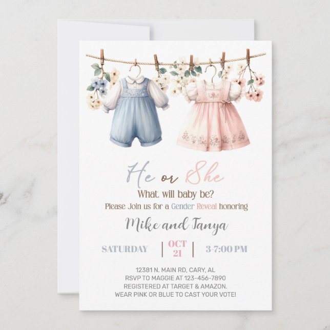 Invitación Clothesline gender reveal invitation, flowers. (Anverso)