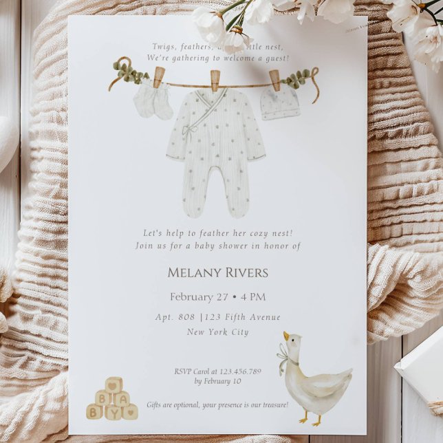 Invitación Clothesline Goose Nest Baby Shower Invitation (Clothesline Goose Nest Baby Shower Invitation)