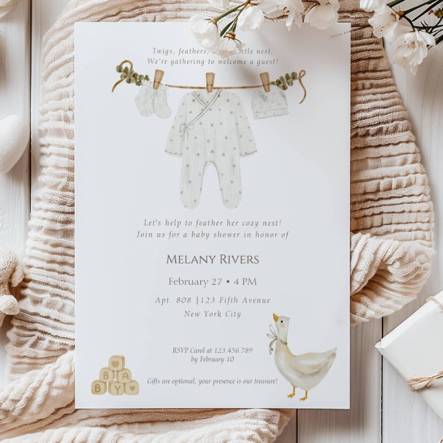 Invitación Clothesline Goose Nest Baby Shower Invitation (Clothesline Goose Nest Baby Shower Invitation)