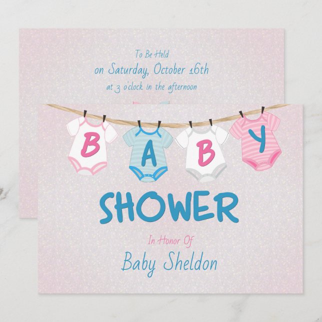 Invitación Clothesline Layette Baby Shower (Anverso / Reverso)