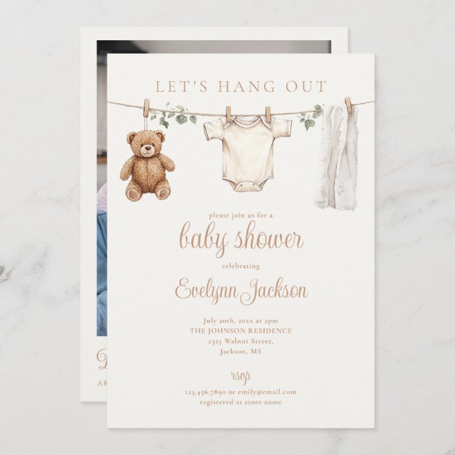 Invitación Clothesline Neutral Baby Shower Photo QR Code (Anverso / Reverso)