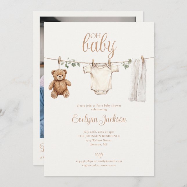 Invitación Clothesline Neutral Baby Shower Photo QR Code (Anverso / Reverso)