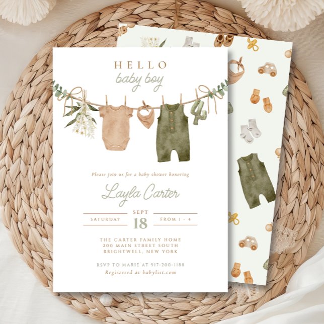 Invitación Clothesline Neutral Sage Boho Baby Shower (Subido por el creador)