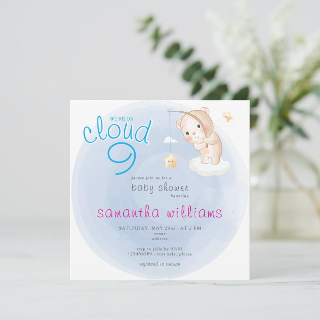Invitación Cloud 9 Bearly Wait Blue Bear Star Boy Baby Shower (Anverso de pie)