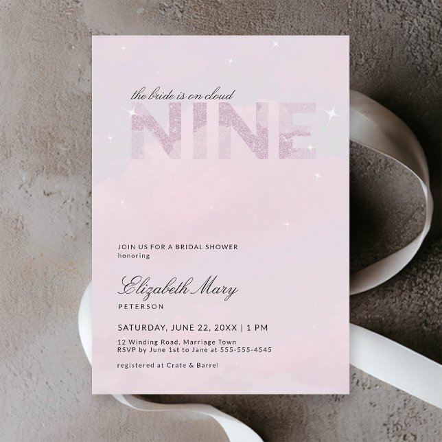 Invitación Cloud 9 Moderno Dreamy Purpurina Rosa Ducha Nodal (cloud 9 bridal shower invitation dreamy romantic pastel pink glitter clouds sky modern calligraphy)